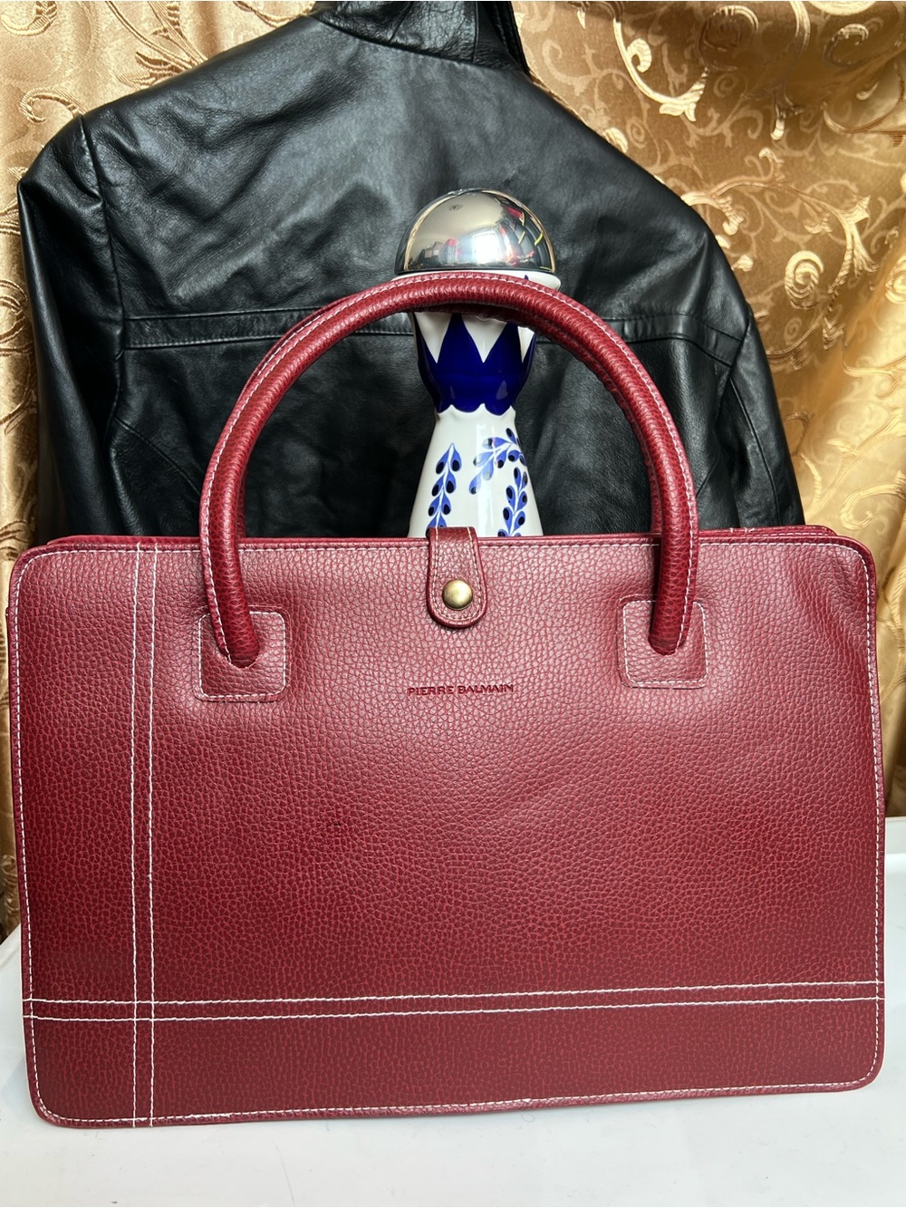 Pierre Balmain Burgundy Leather Top-Handle Satchel